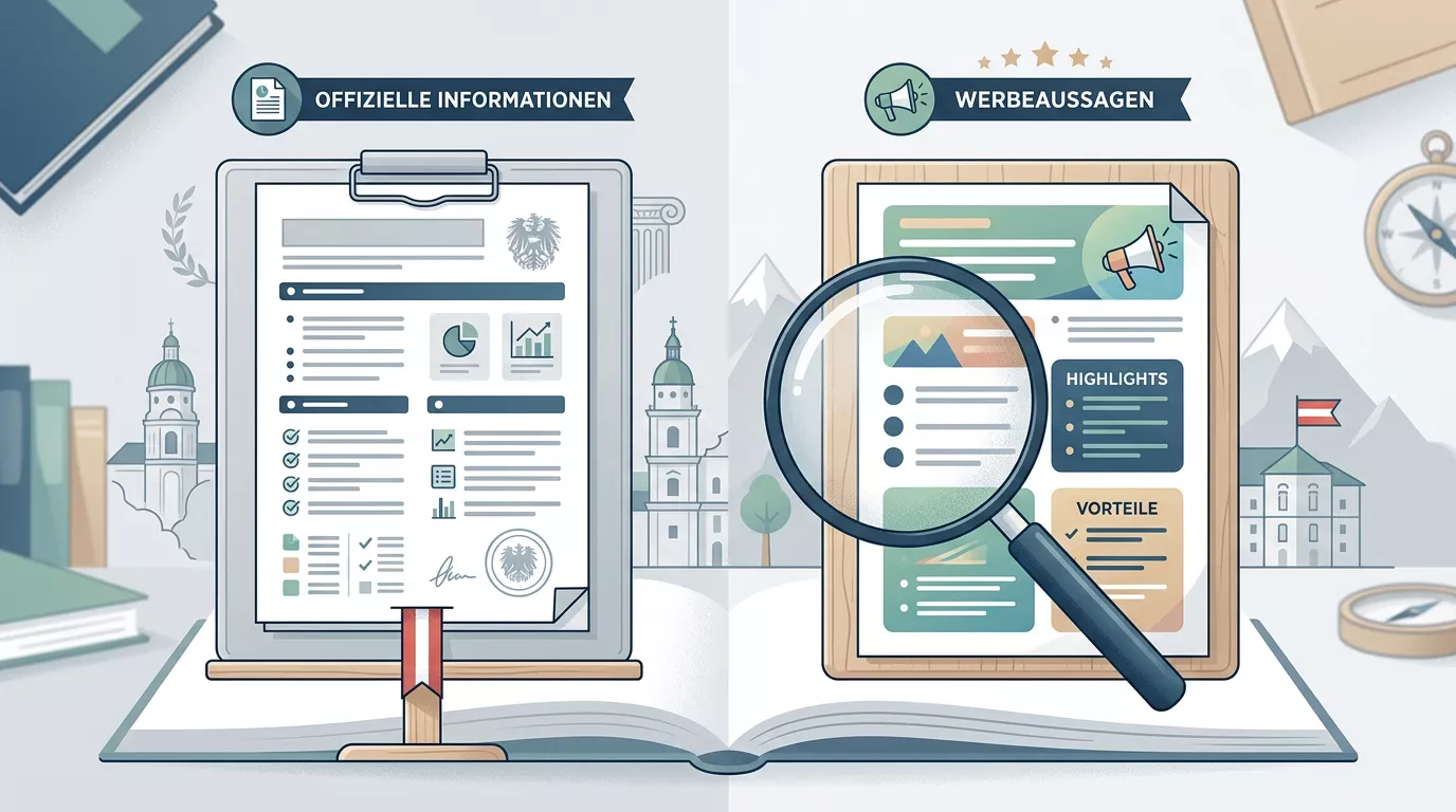 Symbolische Gegenüberstellung von offiziellen Informationen und Werbeversprechen