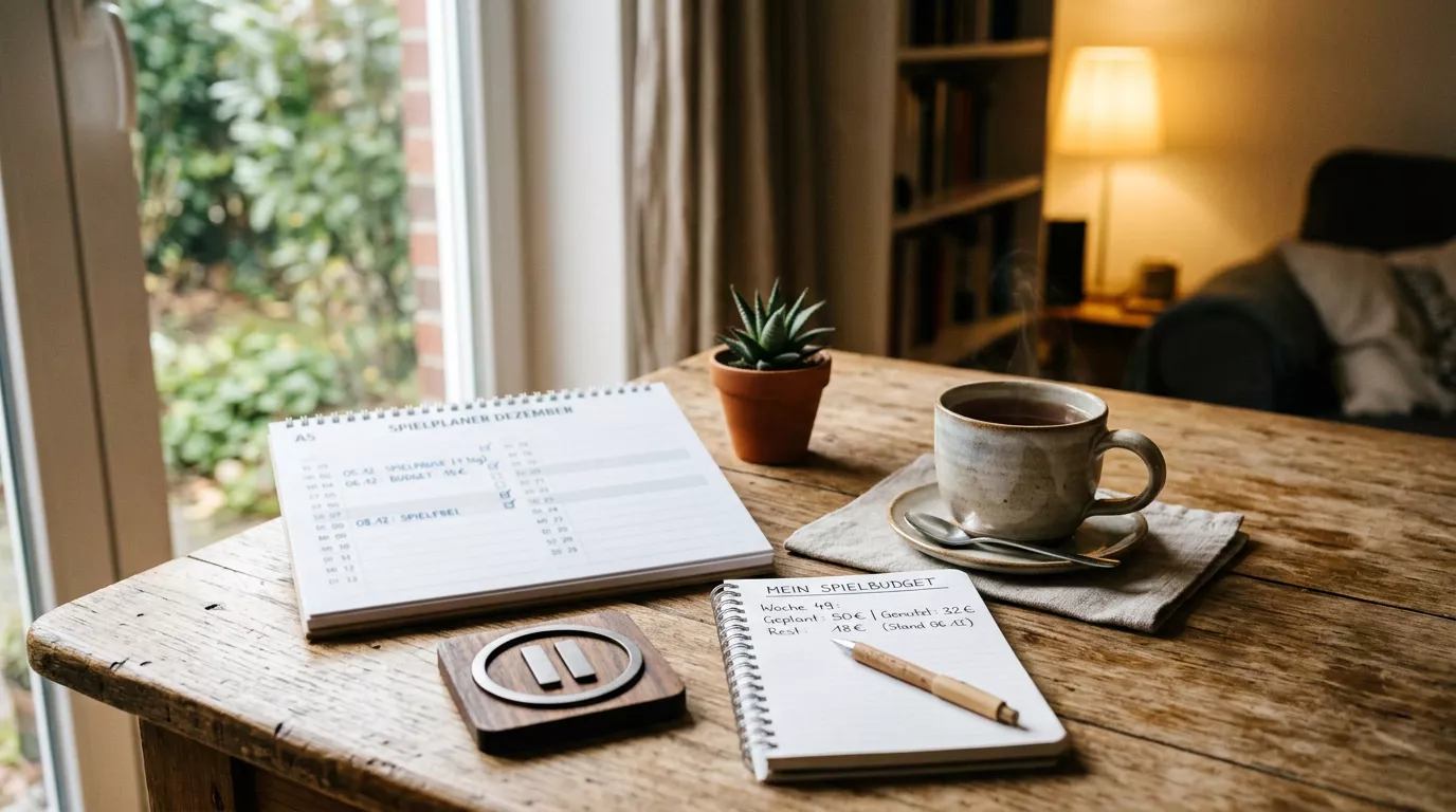 Ruhige Szene mit Kalender, Budgetnotiz und Pausensymbol für verantwortliches Spielen