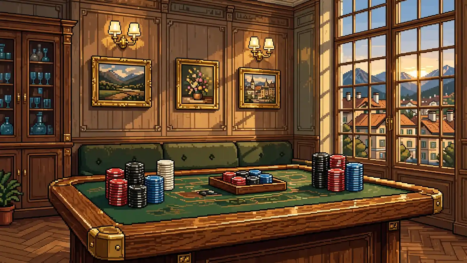 Eleganter Spieltisch im Wiener Stil mit Chips und Bergblick