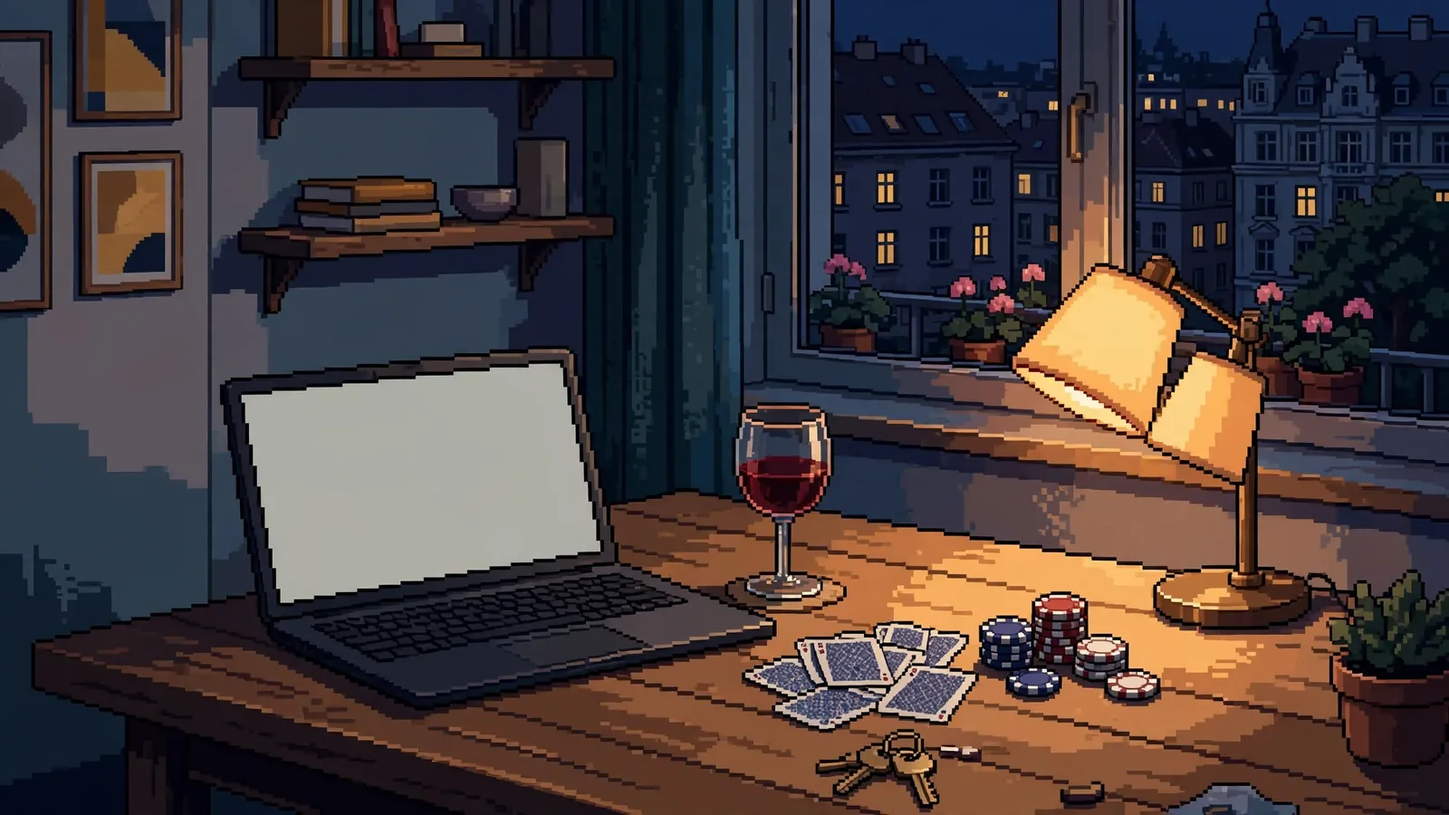 Laptop auf Wiener Tisch mit Spielkarten und Casino-Chips