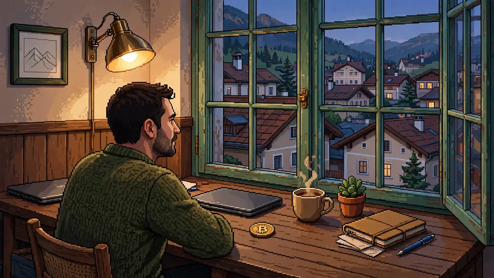 Abendliche Szene in einer österreichischen Wohnung mit Laptop, Smartphone und Bitcoin-Münze auf dem Schreibtisch.