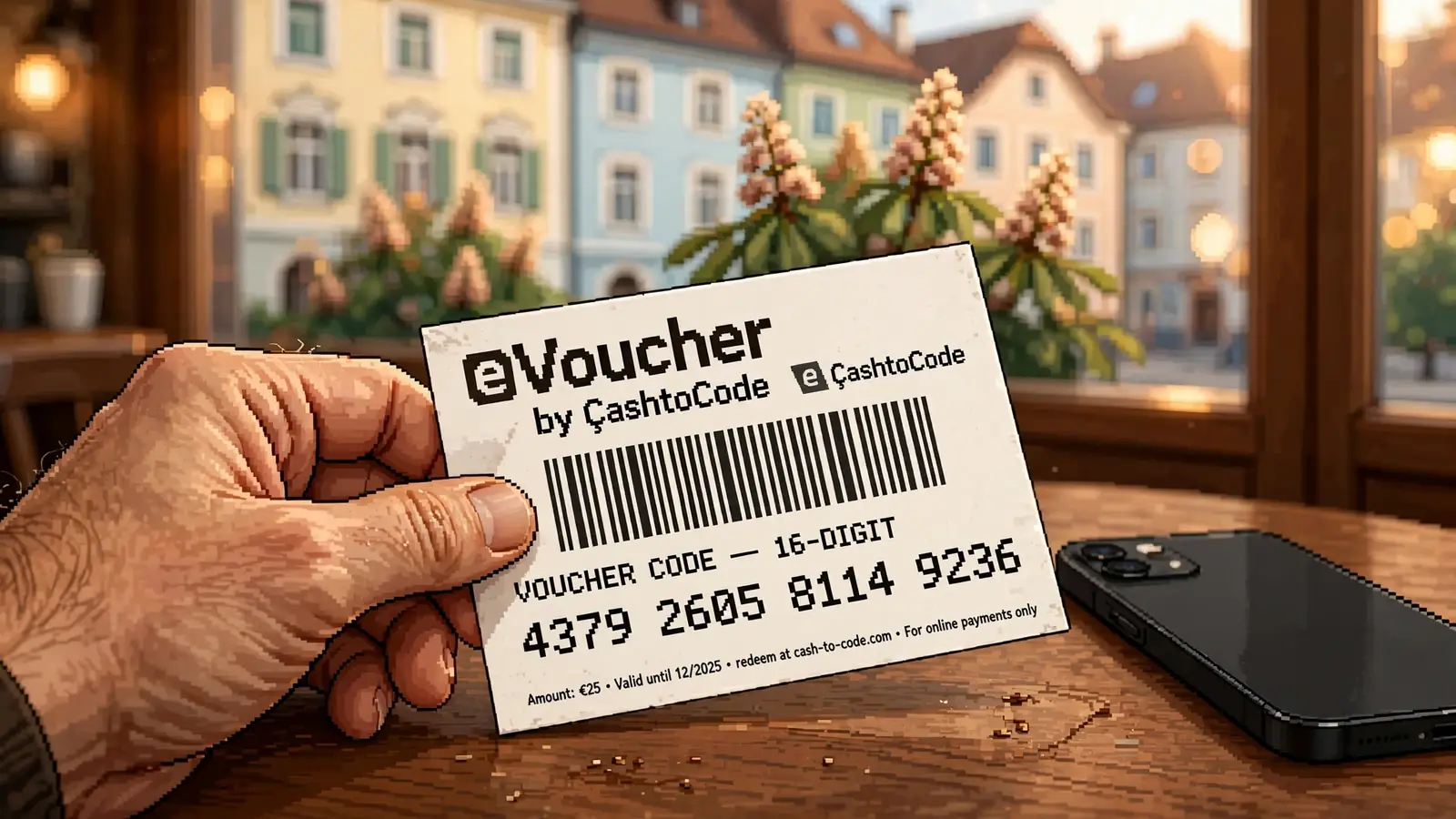 CashtoCode-Gutschein auf einem Wiener Cafétisch mit Smartphone