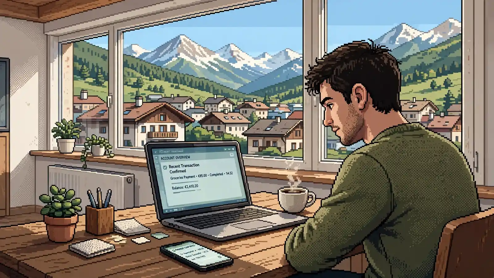 Person am Schreibtisch mit Laptop und Smartphone zur Online-Banking-Freigabe in einer Wohnung mit Alpenblick