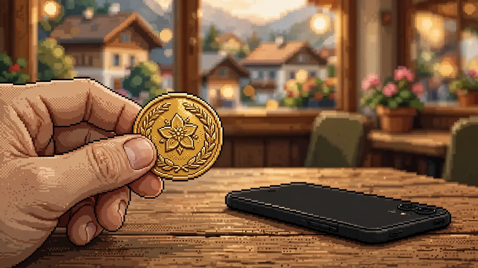 Goldener Jeton neben einem Smartphone auf einem Tisch, alpiner Hintergrund.