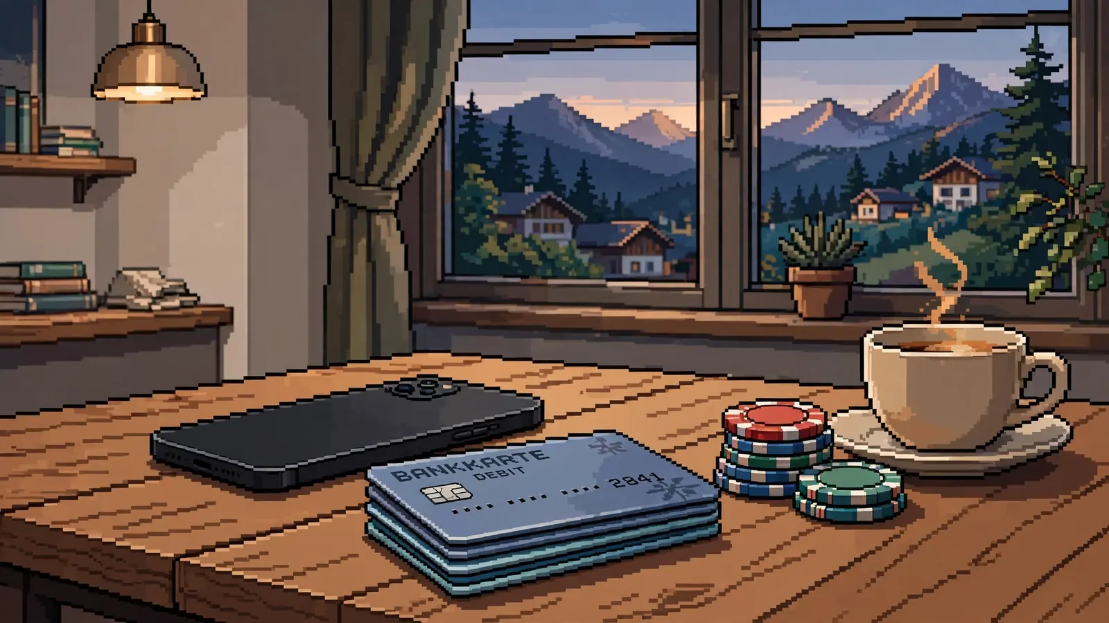Smartphone mit Bankkarten und Casino-Chips auf einem Tisch in einer modernen Wohnung.