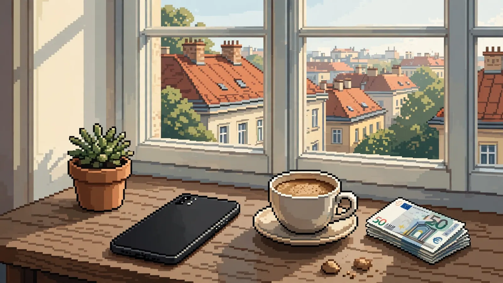 Smartphone mit Euro-Scheinen auf einem Tisch in einer Wiener Wohnung.