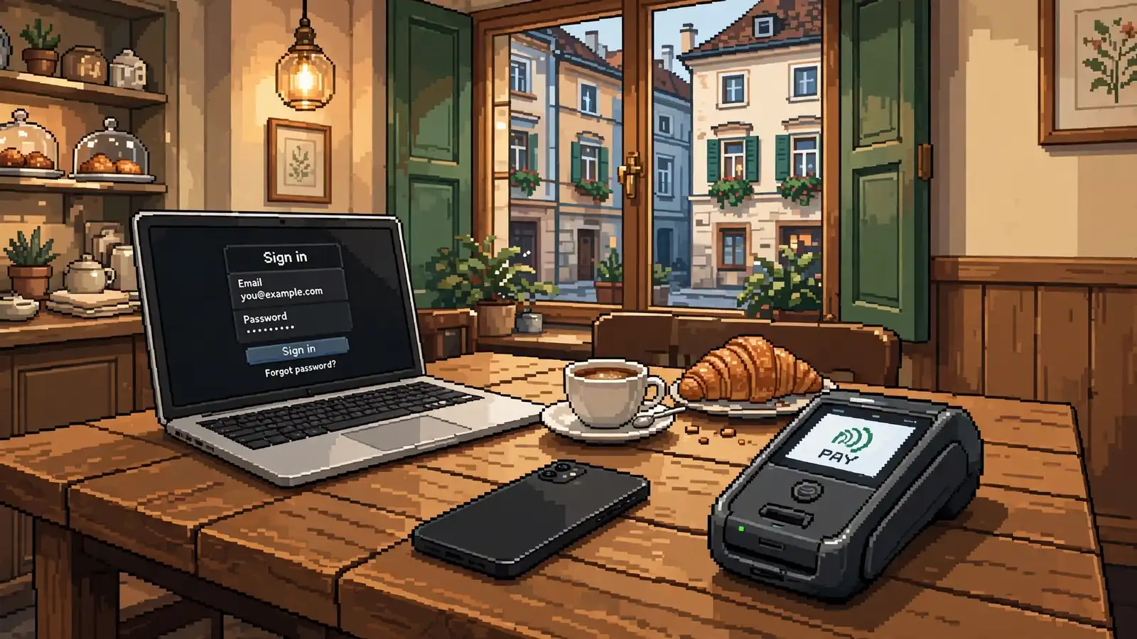 Smartphone und Bezahlterminal in einem Wiener Café mit Laptop auf dem Tisch.