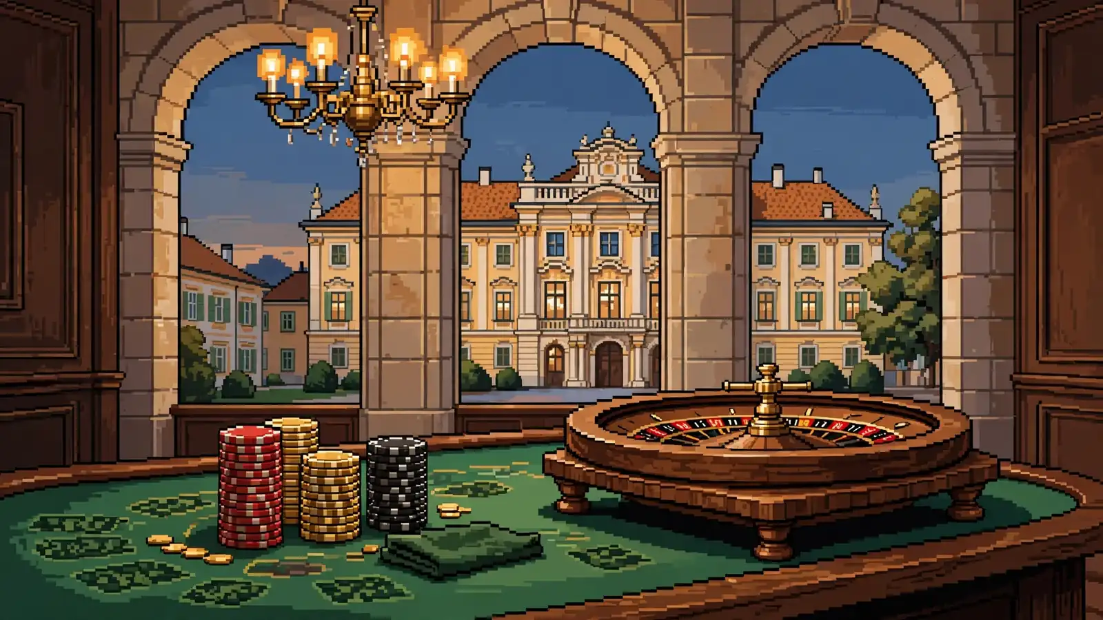 Glamouröser Spieltisch mit Jetons, Roulette-Rad und österreichischer Palastfassade im Hintergrund