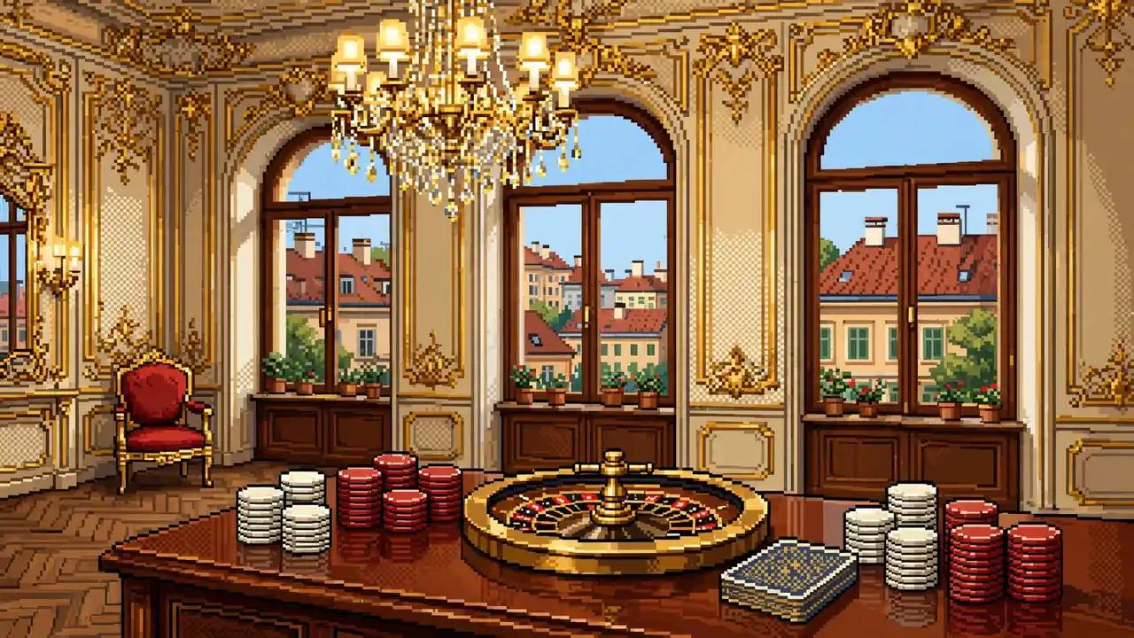 Wiener Casino-Salon mit Kronleuchter, Roulette, Spielchips und Karten auf einem Mahagonitisch