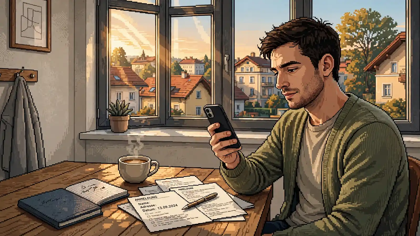 Junger Mann am Schreibtisch mit Smartphone und Unterlagen in einer Wohnung in Österreich.