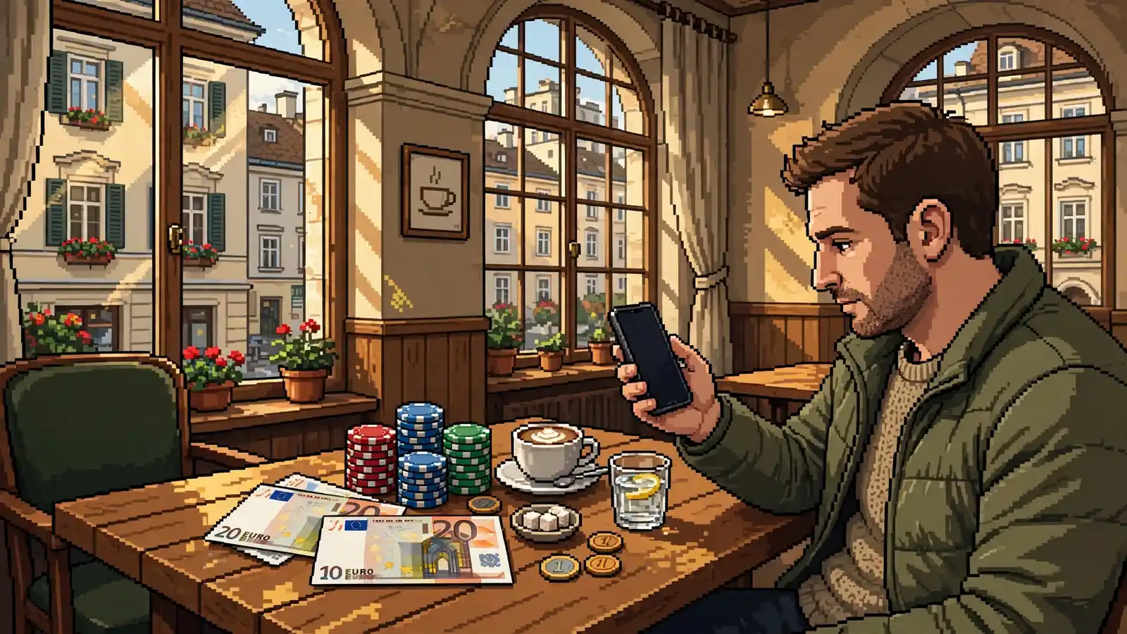 Mann im Wiener Café mit Smartphone, Euro-Banknoten und Casino-Chips auf dem Tisch