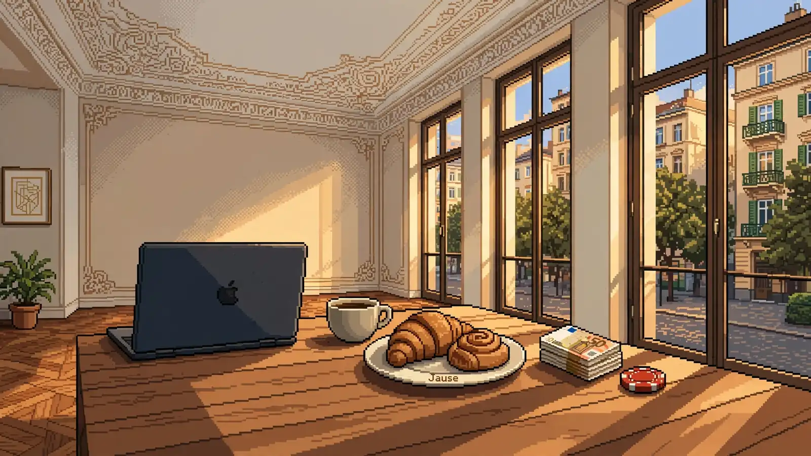 Modernes Wiener Wohnzimmer mit Laptop, Euro-Scheinen und Casino-Chip auf dem Tisch.