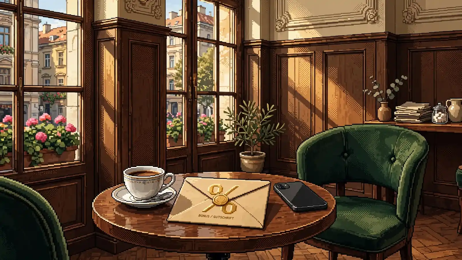 Wiener Kaffeehaus mit Kuvert und Smartphone auf dem Tisch
