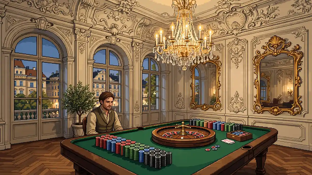 Eleganter Spieltisch in Wiener Barock-Saal mit Chips und Roulette unter Kronleuchter