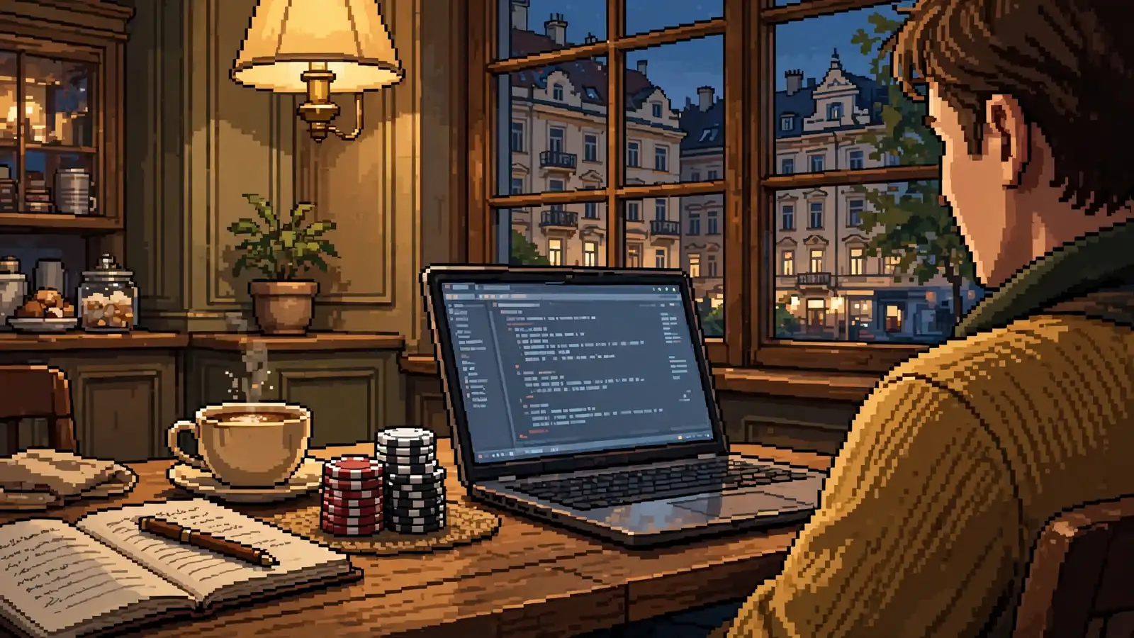 Wiener Café mit Laptop und Casino-Chips am Tisch