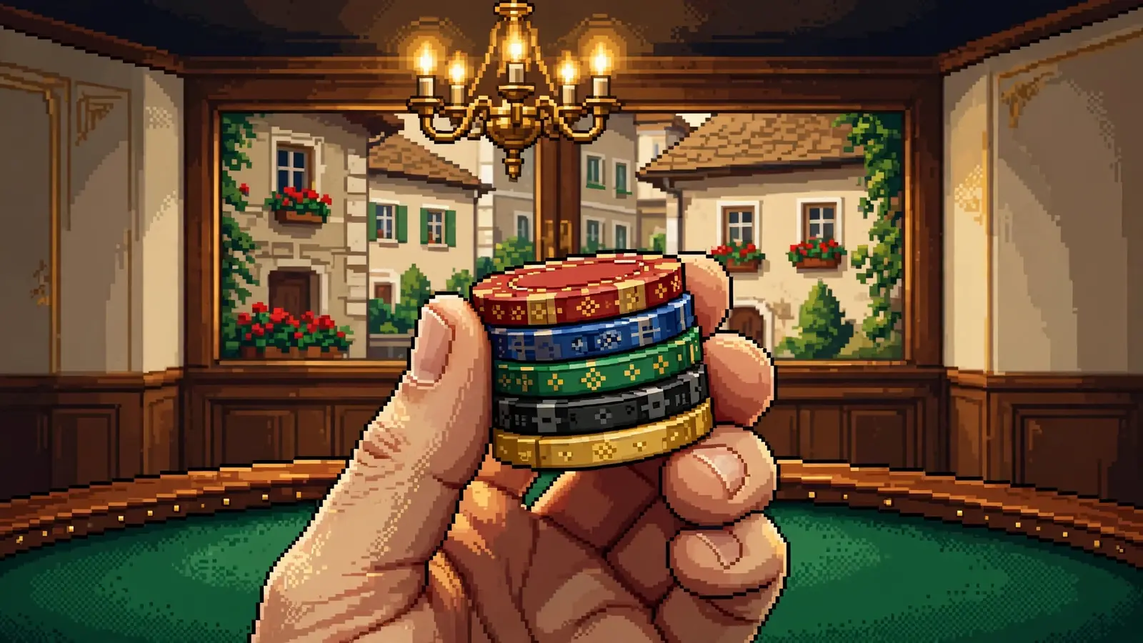 Hand mit Spielchips am grünen Filztisch in stimmungsvollem Licht