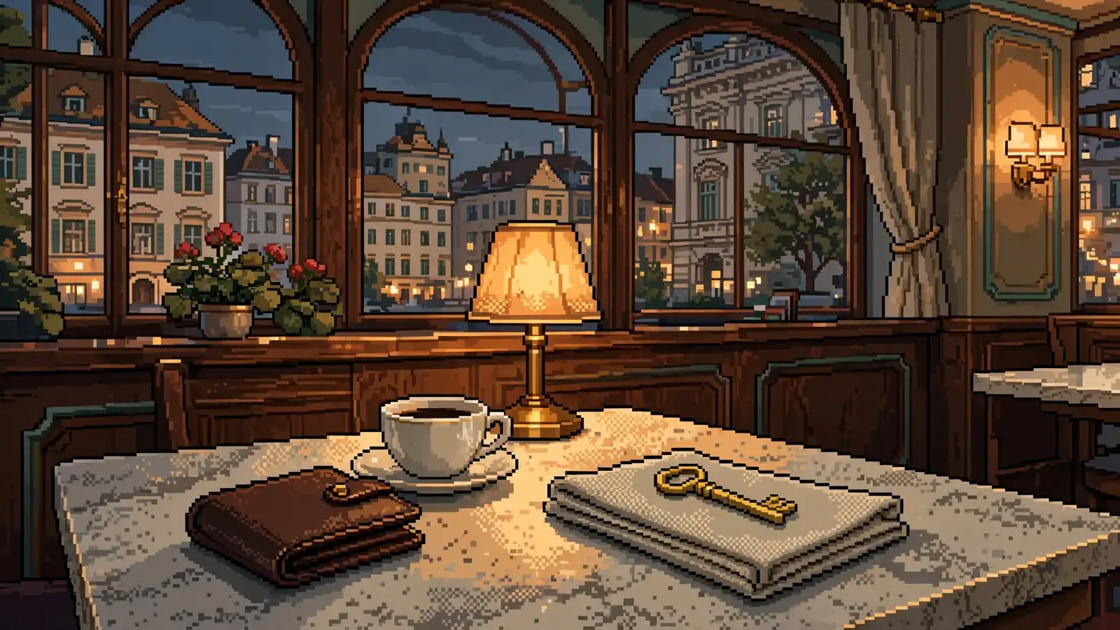 Abendliche Wiener Kaffeehaus-Atmosphäre mit warmer Beleuchtung und einladenden Details.