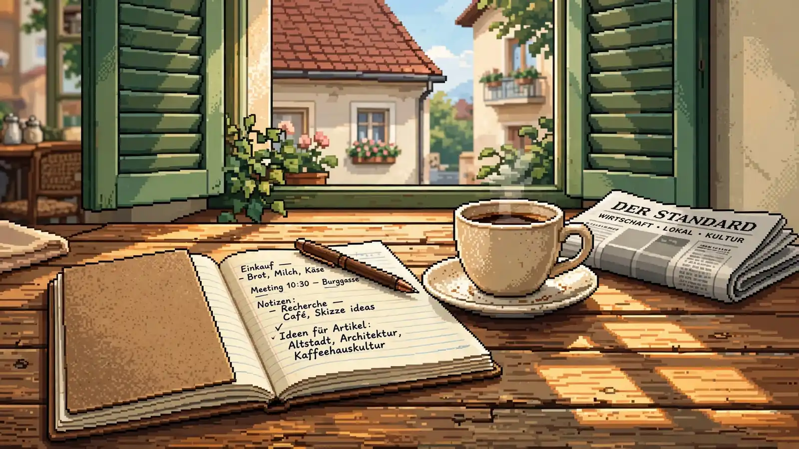 Offenes Notizbuch mit handschriftlichen Notizen auf einem Holztisch in einem hellen österreichischen Café.