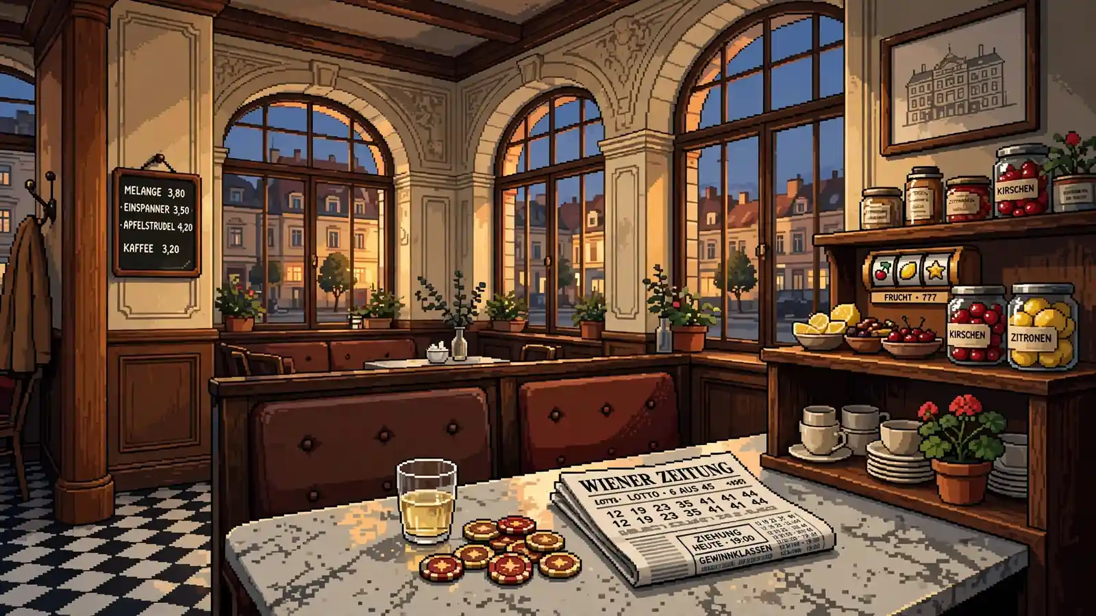 Wiener Café-Abend mit Casino-Chips und Fruchtdeko