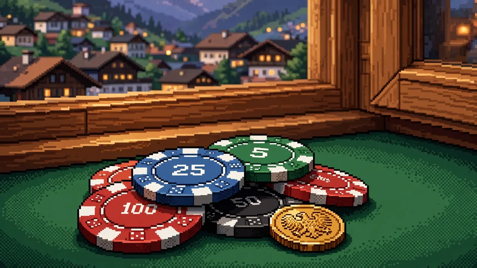 Casino-Chips und Münze auf grünem Filz, Alpenstadt im Hintergrund