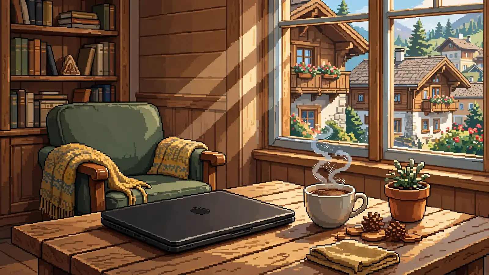 Laptop auf Holztisch in gemütlichem österreichischem Wohnzimmer mit Kaffeetasse