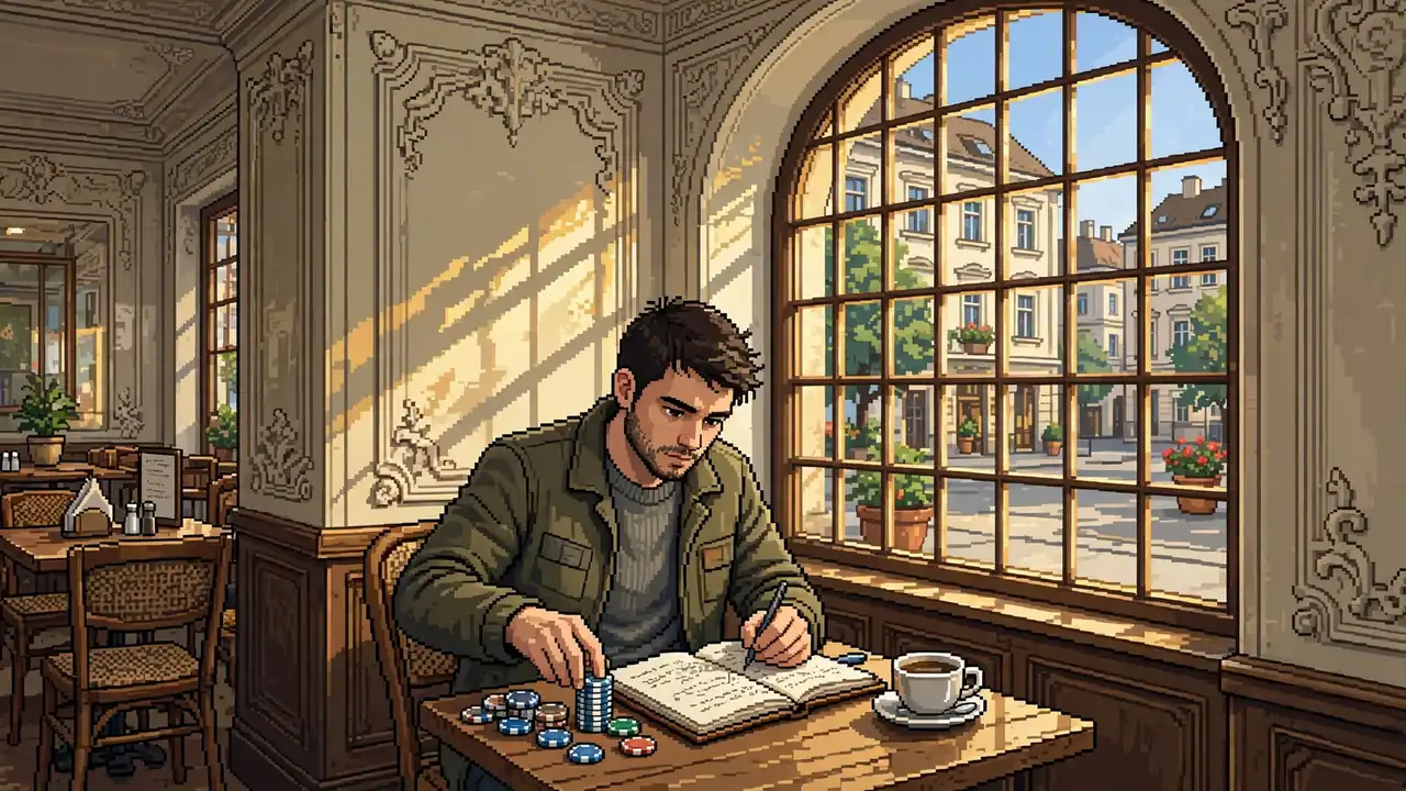 Junger Mann in Wiener Café schiebt Spielchips beiseite und führt ein persönliches Tagebuch.